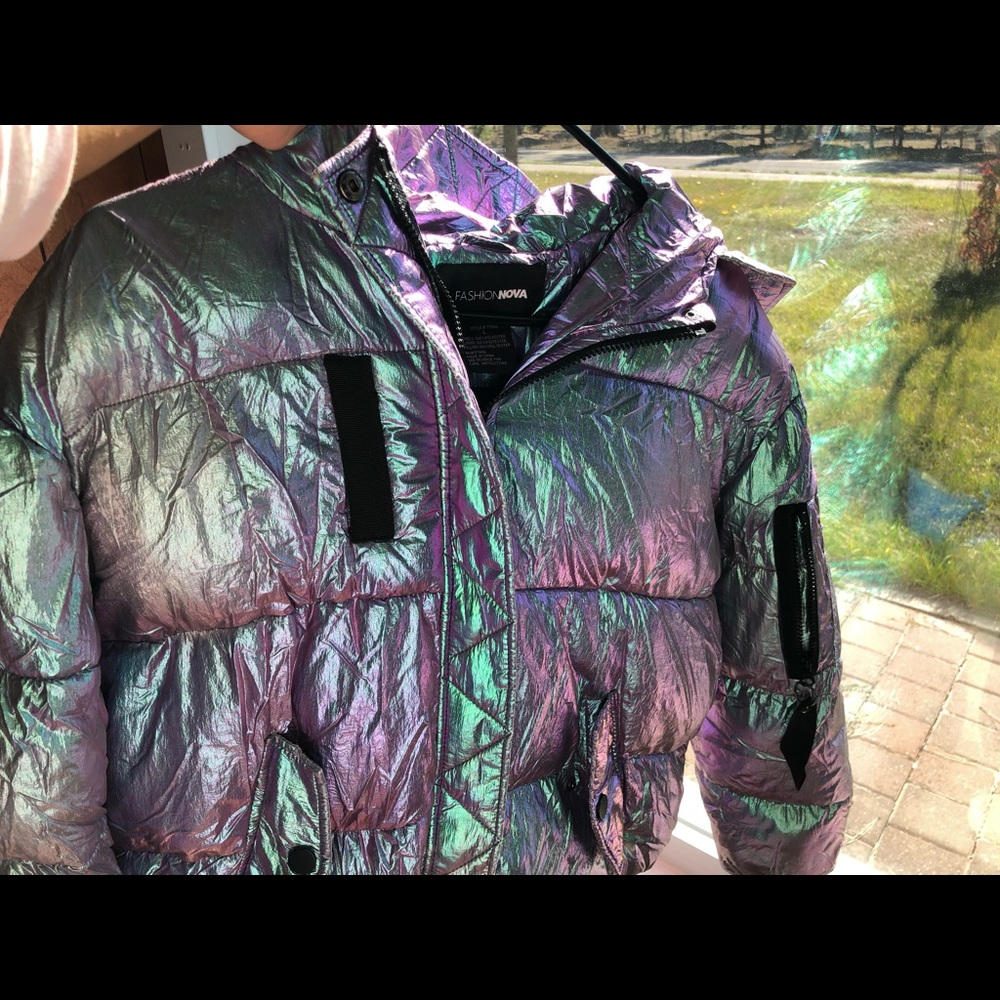 NWOT Ultra Rare Fashion Nova Hologram Iridescent Puffer Jacket Coat Size L - Picture 13 of 13